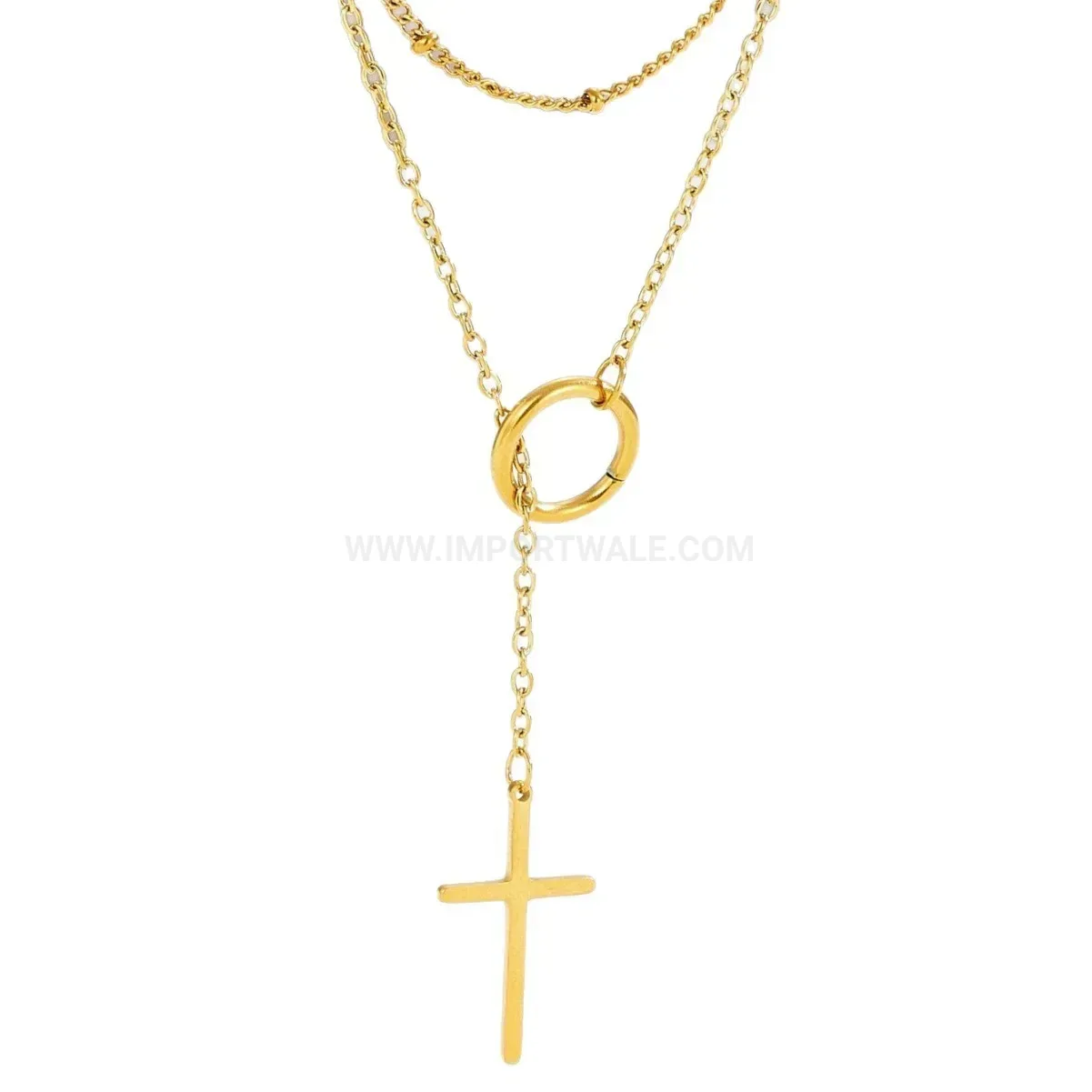 Layered Stainless Steel Cross Pendant Bead Chain Necklace