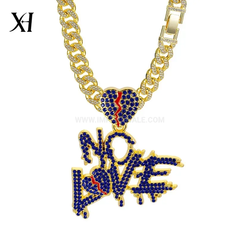 Fashion Iced Out NO LOVE Letter Pendant Cuban Link Necklace