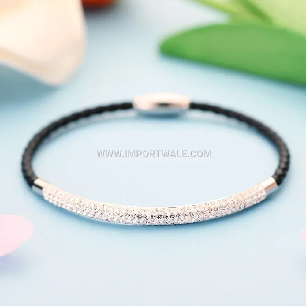 Braided Leather Double Row Crystal Magnetic Bracelet