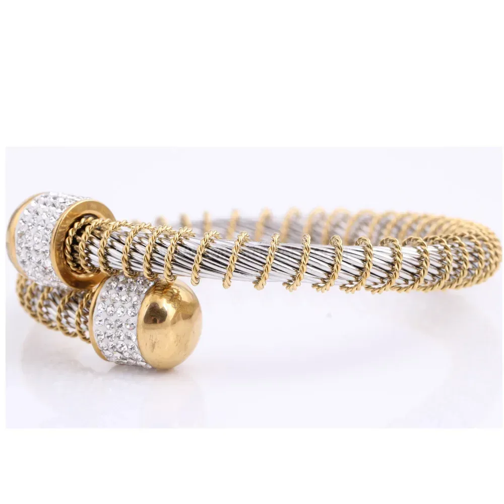 Rhinestone Embedded Stainless Steel Mesh Spring Bangle