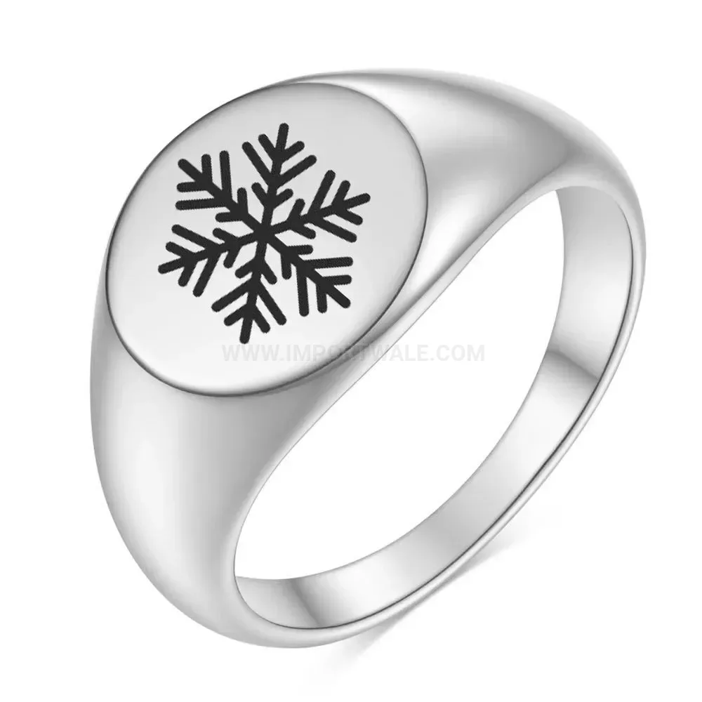 Chic Laser Engraved Snowflake Stainless Steel Round Signet Ring