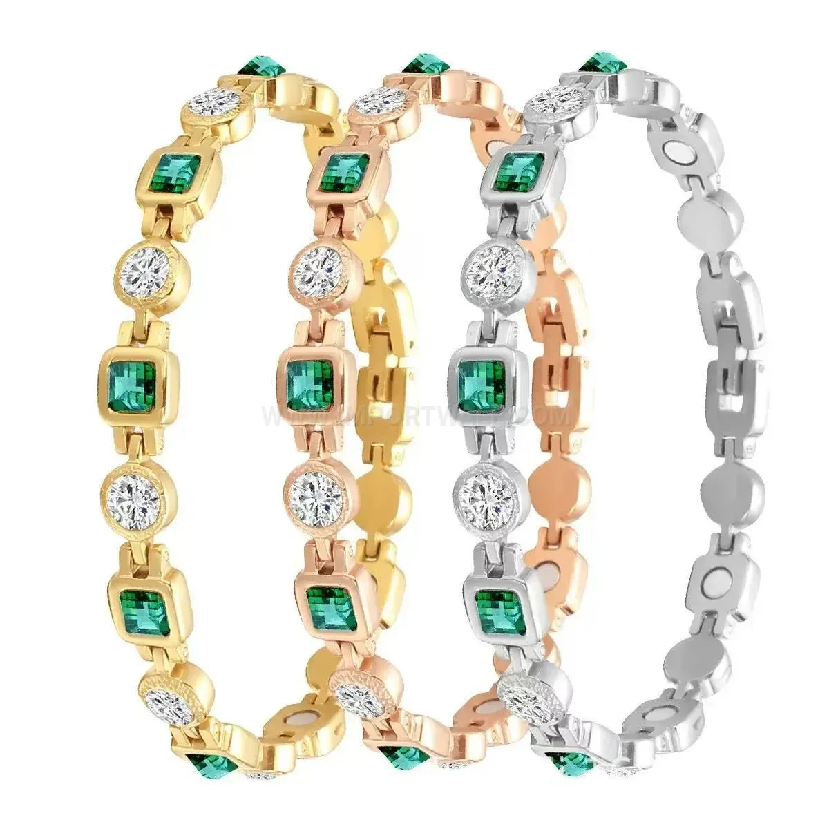 Stainless Steel Emerald Square Crystal Bio Magnetic Link Bracelet