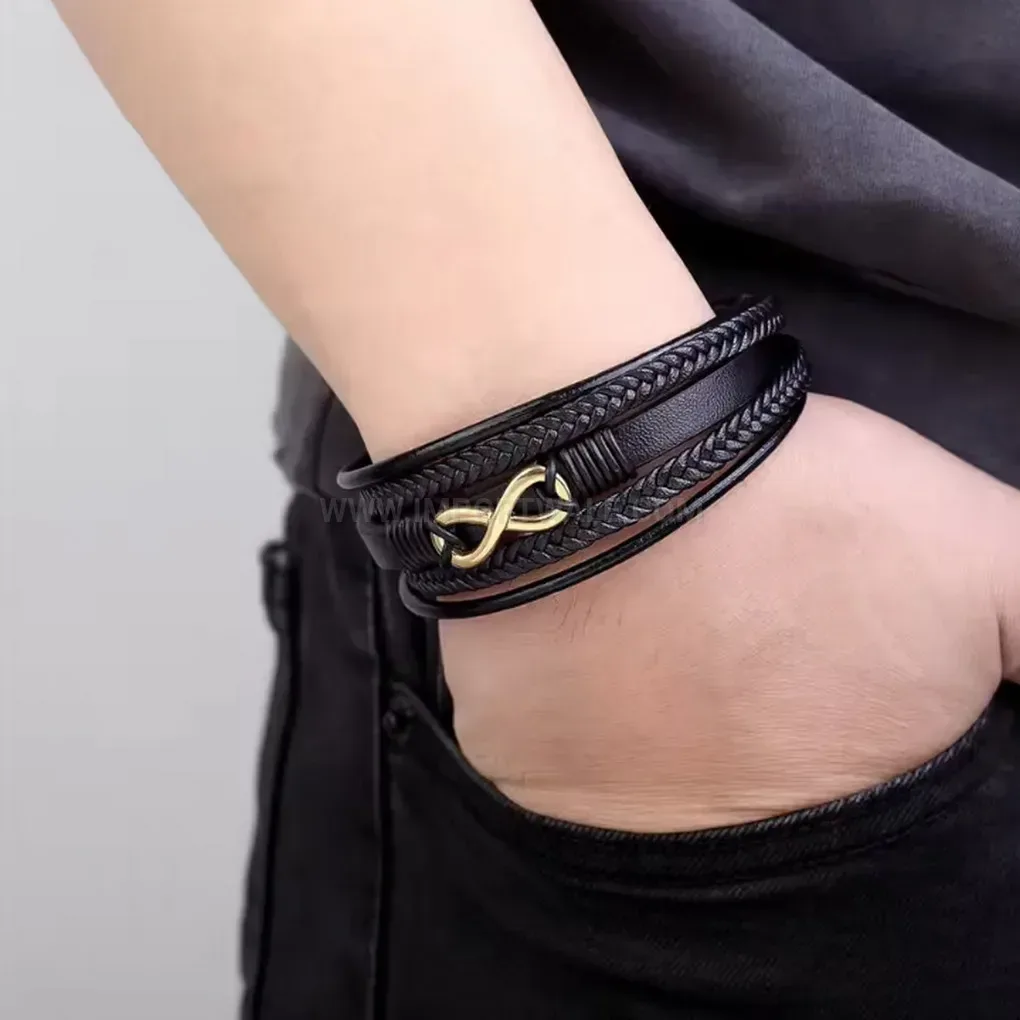 Bold Multi Layer Leather Infinity Charm Bracelet with Magnetic Clasp