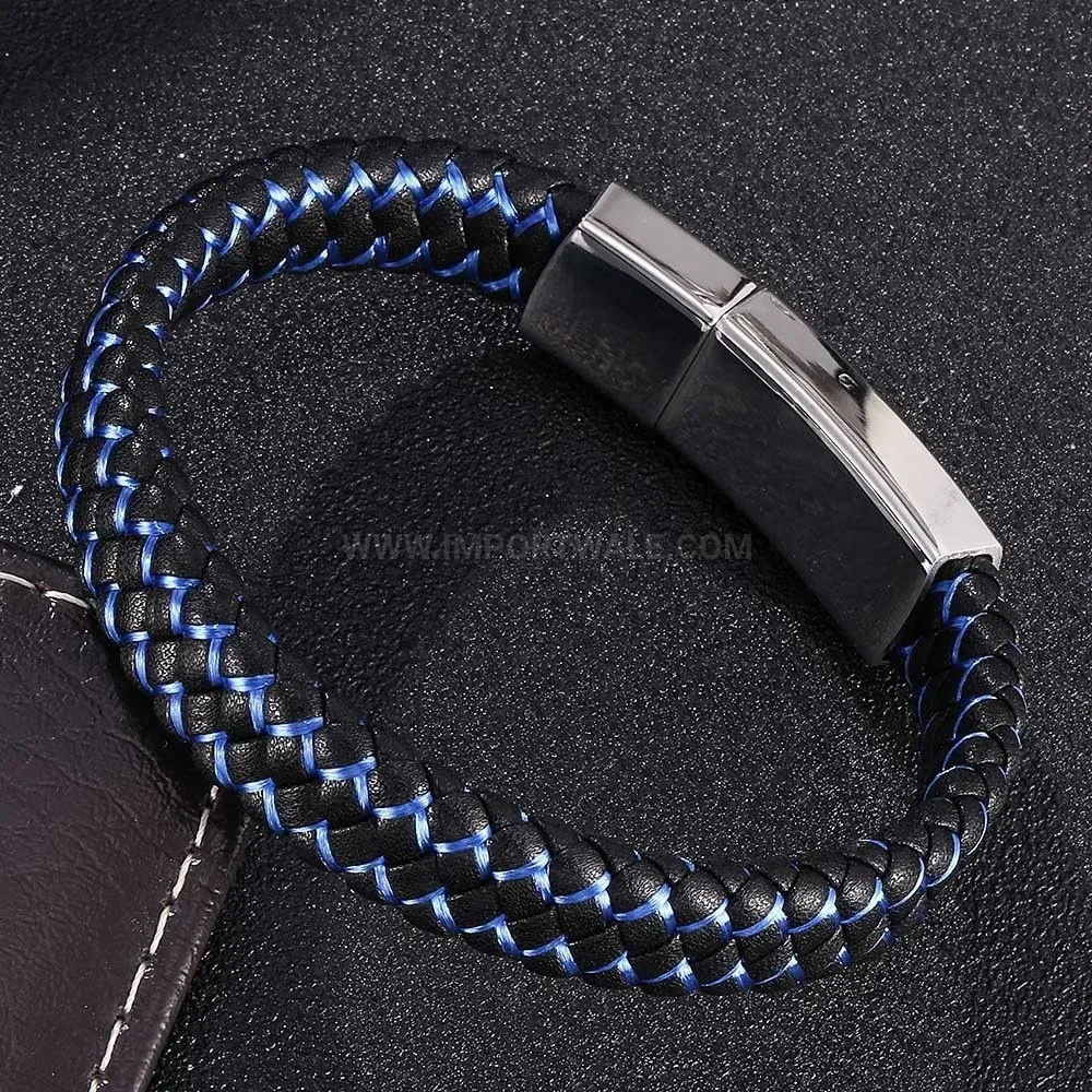 Two-Tone Braided Leather Magnetic Stainless Steel Bracelet