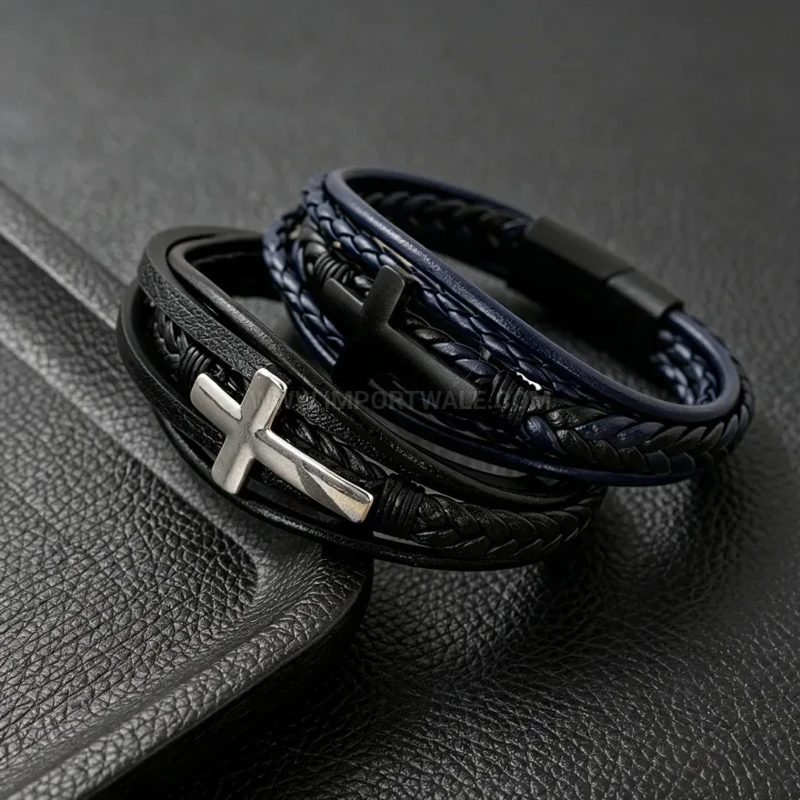 Stylish Multi Strand Leather Cross Bracelet with Magnetic Clasp