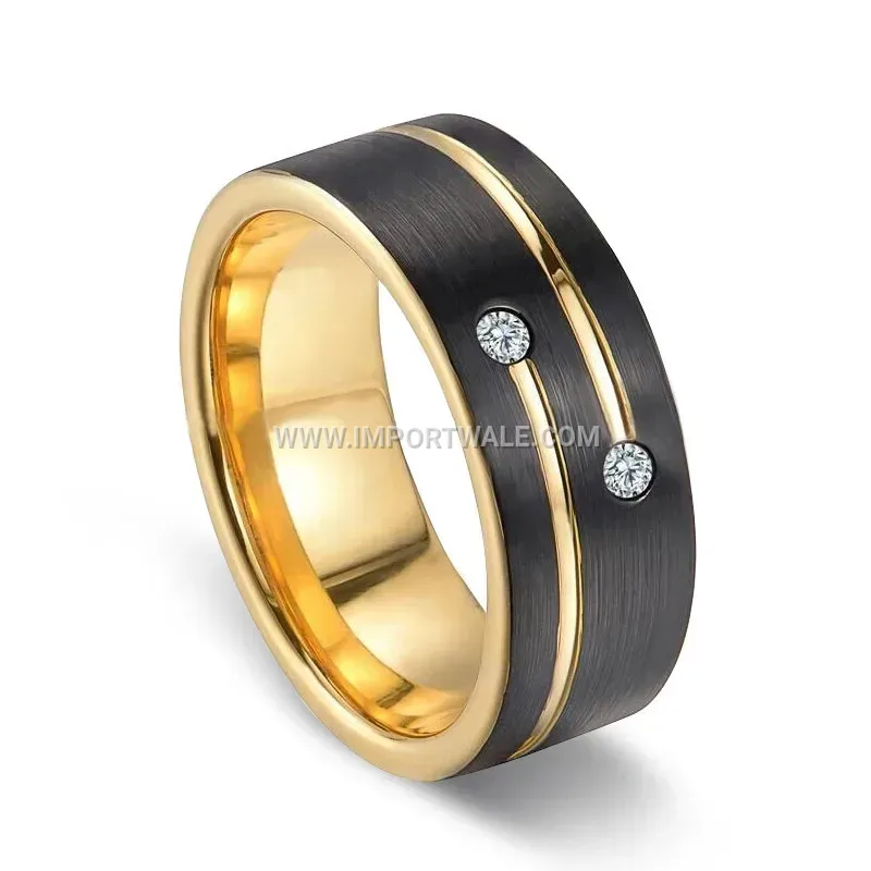 Two-Tone Black and Gold Grooved Crystal Ring