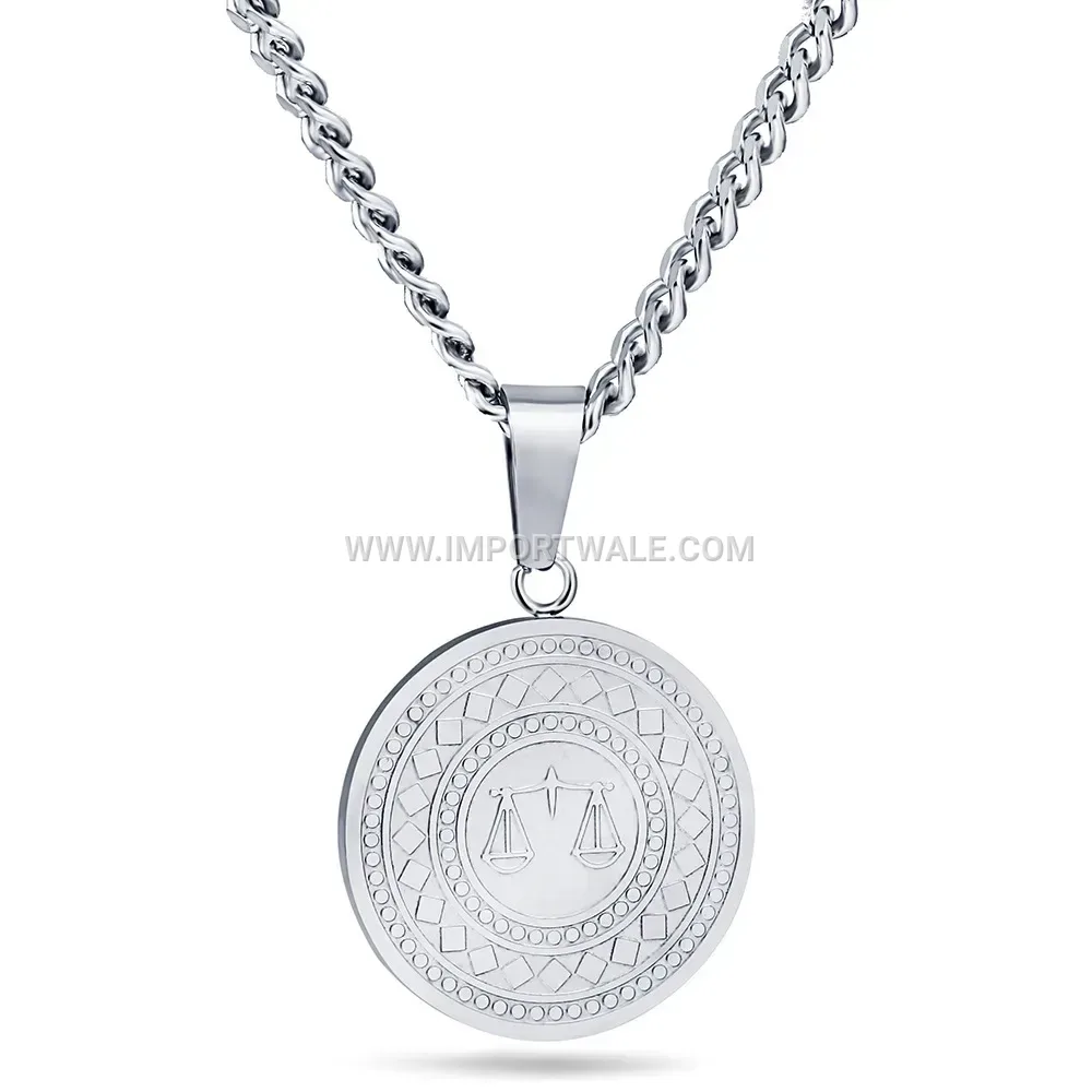 Gold Plated Stainless Steel Round Libra Zodiac Pendant Necklace