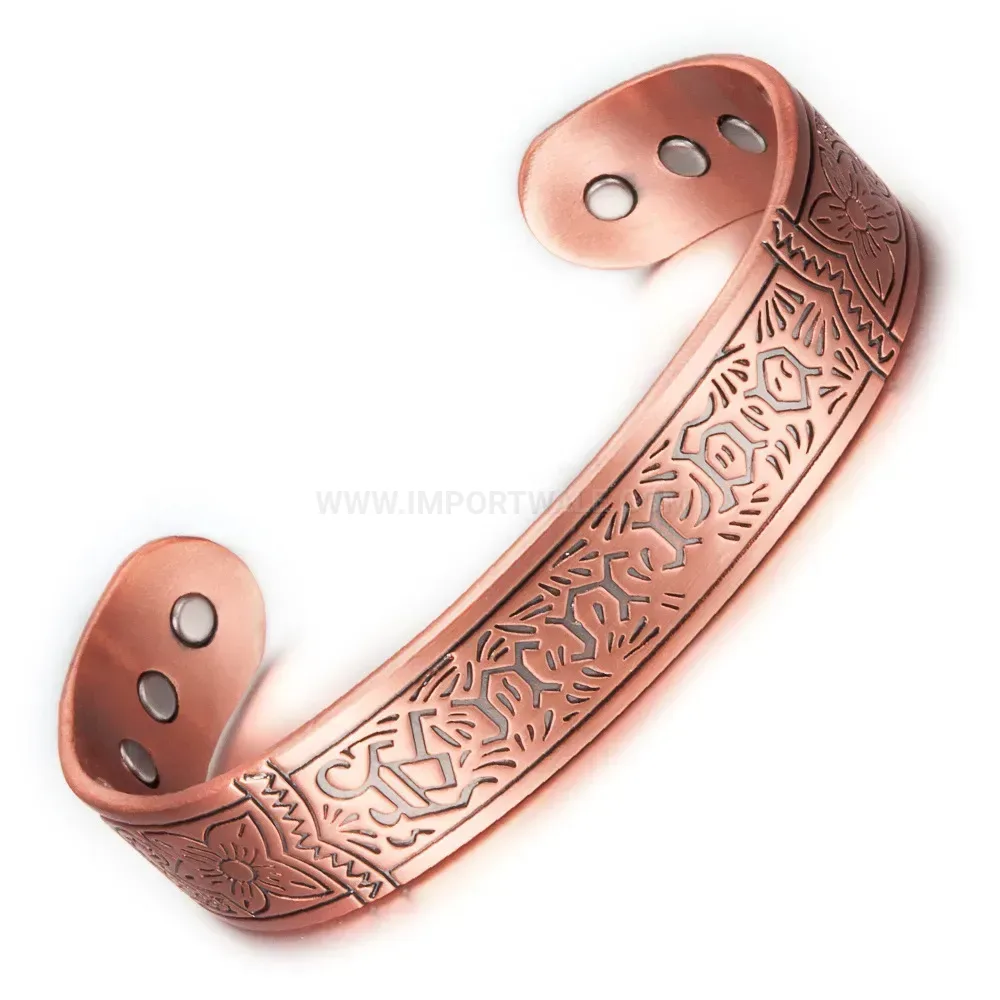 Wide Engraved Red Copper Bio Magnetic Cuff Bracelet