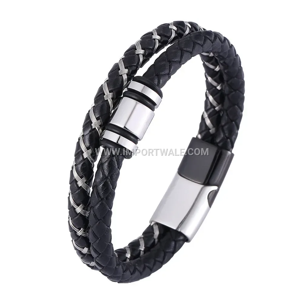 Double-Layer Steel Wire and Vintage Leather Men's Braided Bracelet