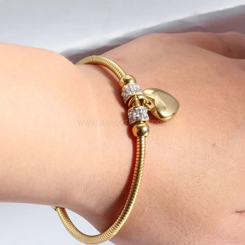 Polished Heart Stainless Steel Bangle with Crystal Accent and Magnetic Clasp