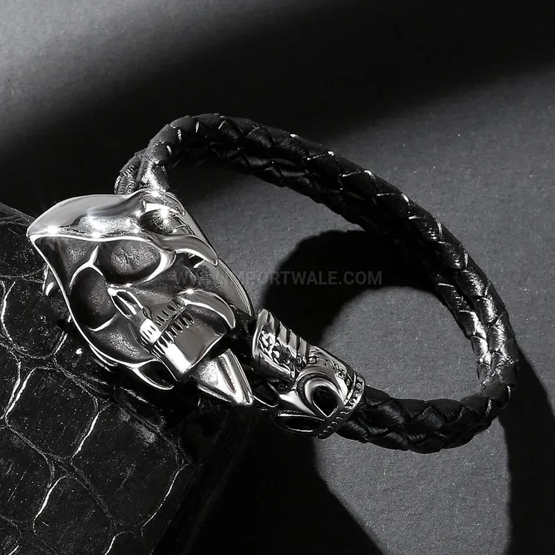Premium Punk Style Leather Cord Bracelet with Stainless Steel Reaper Skull