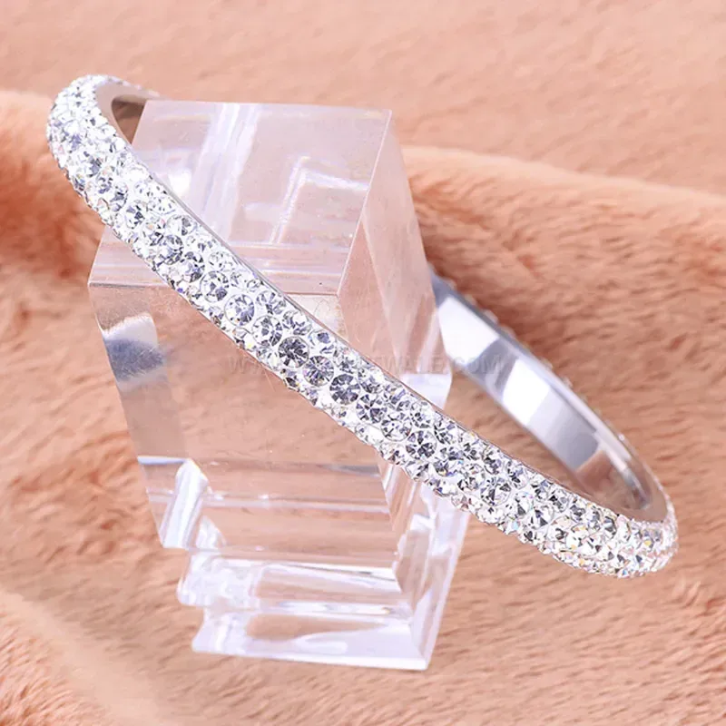 Trendy Triple Row Crystal Stainless Steel Cuff Bangle