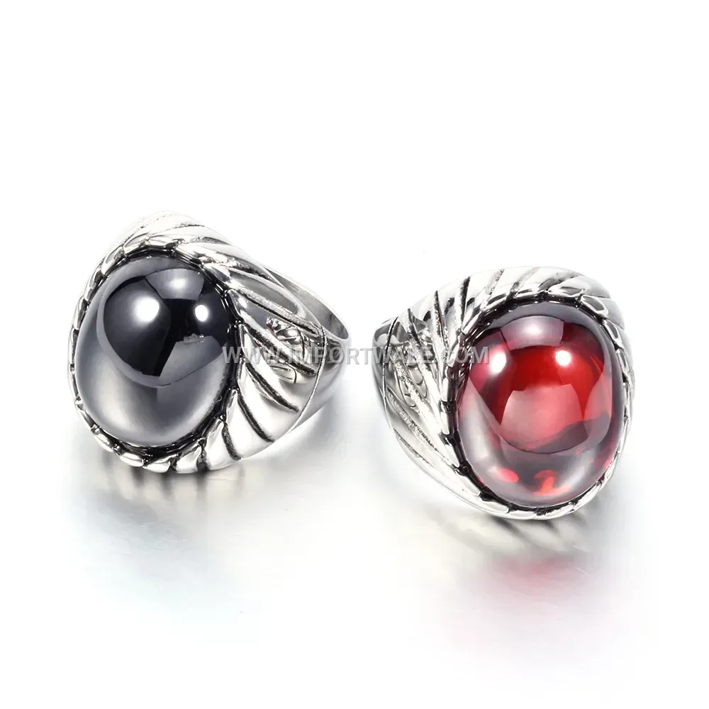 Retro Striped Stainless Steel Gemstone Ring