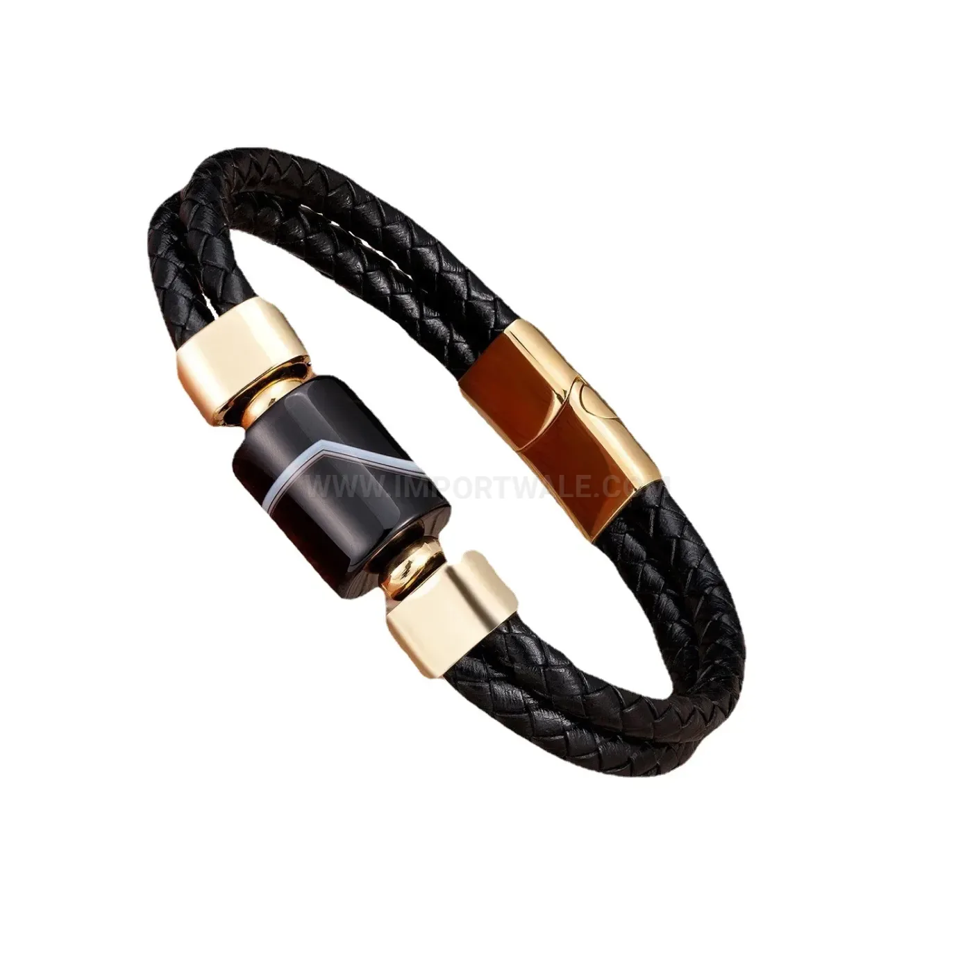Braided Leather Stone Bracelet with Stainless Steel Clasp