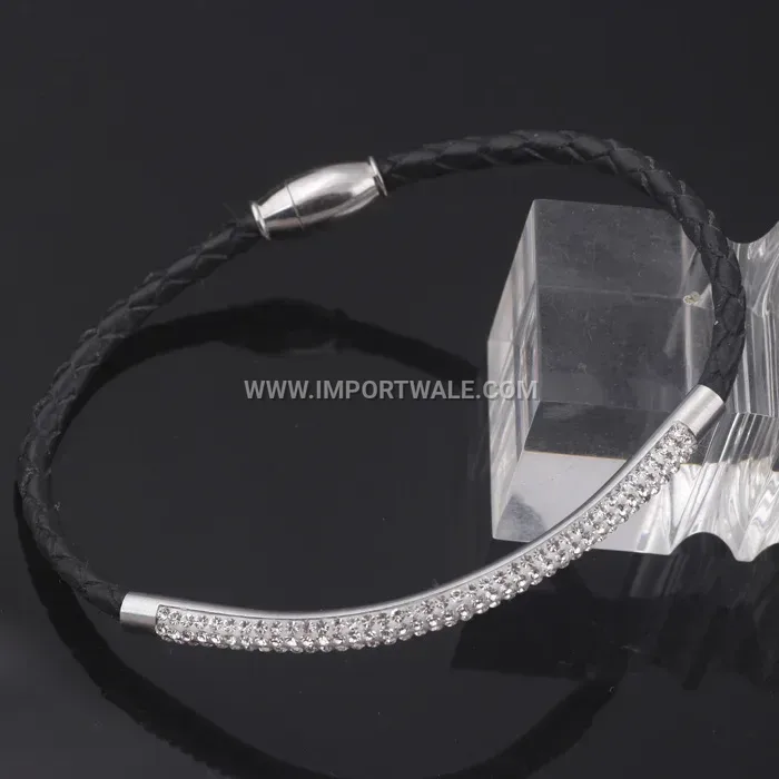 Braided Leather Double Row Crystal Magnetic Bracelet