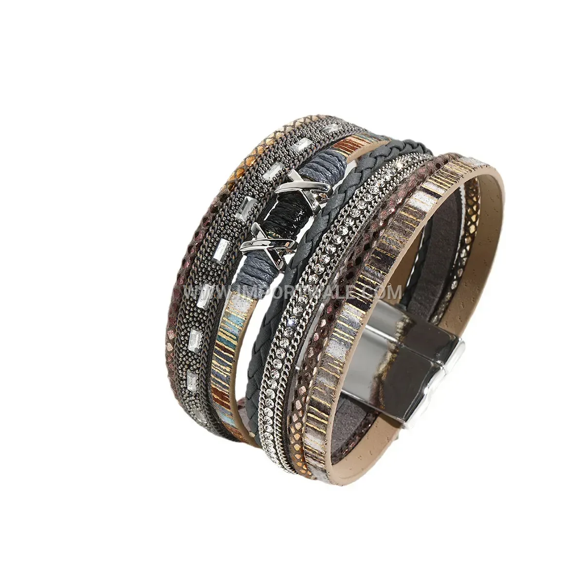 Multi Layer Beaded Faux Leather Bracelet With Magnetic Clasp