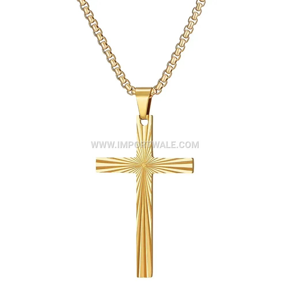 Vintage Striped Stainless Steel Cross Pendant Necklace