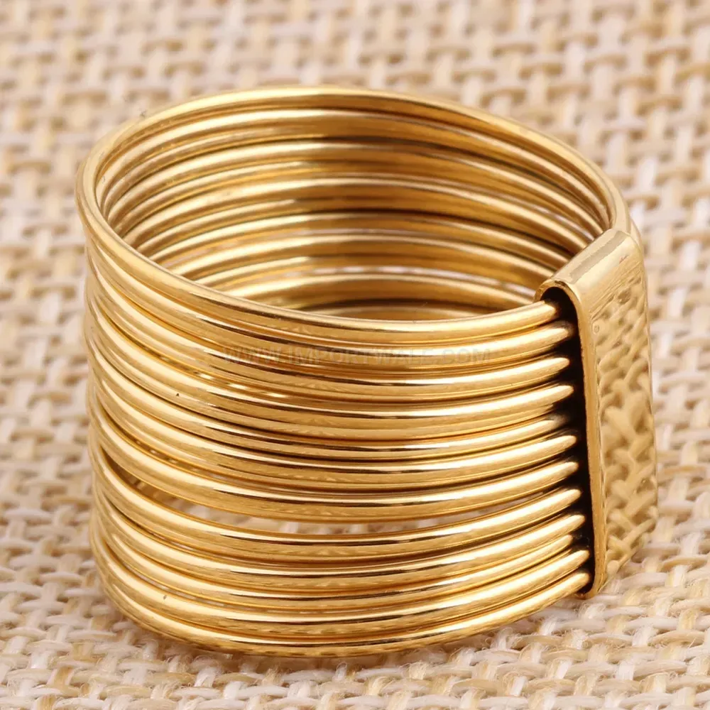 Premium Wide 18K Gold Plated Steel Wire Motif Statement Ring