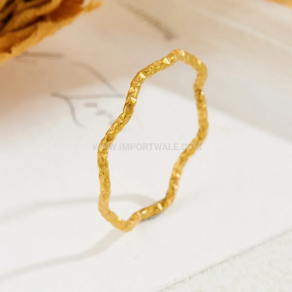 Textured Wave Gold Plated Stainless Steel Plain Band Ring
