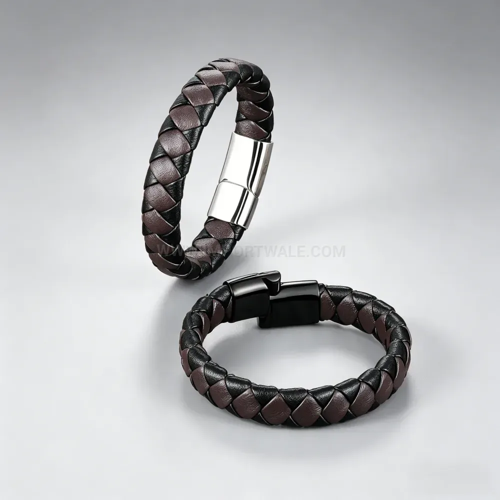 Stylish Braided Leather Cord Bracelet With Metallic Clasp