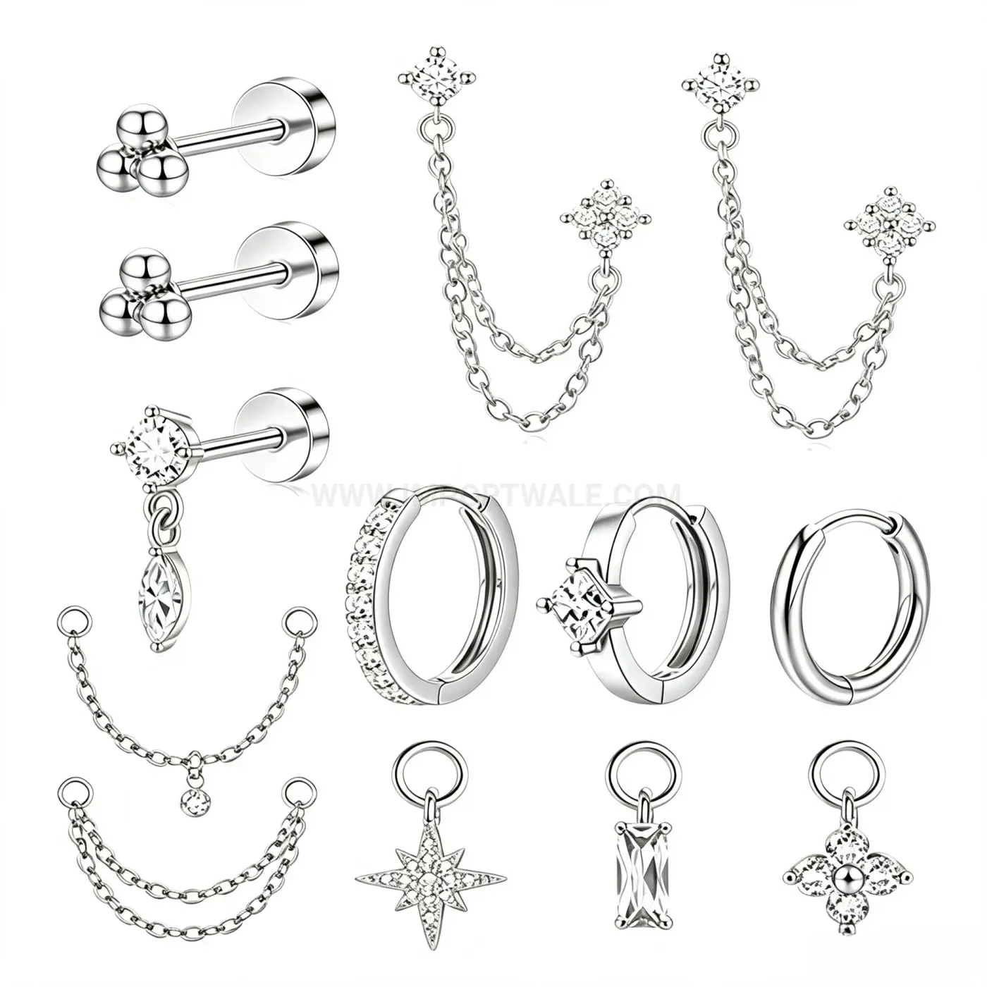 Modern Delicate Cubic Zirconia Stainless Steel Huggie and Cartilage Earring Set