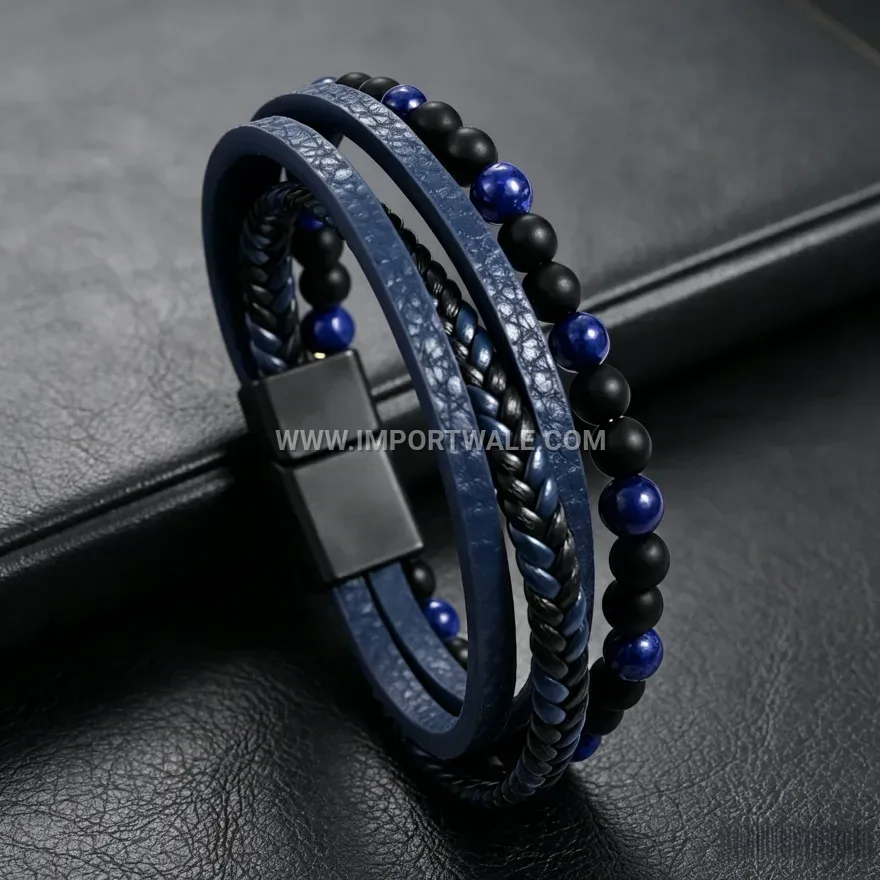 Multi-Strand Woven Leather Beaded Bracelet with Magnetic Clasp