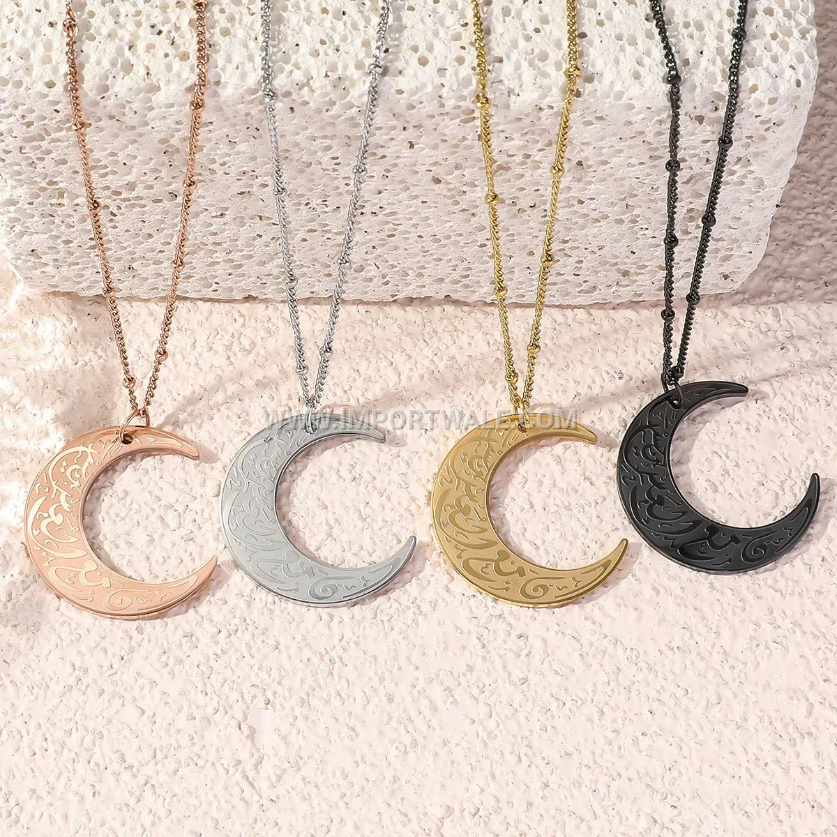 Stainless Steel Crescent Moon Ayatul Kursi Arabic Calligraphy Pendant Necklace