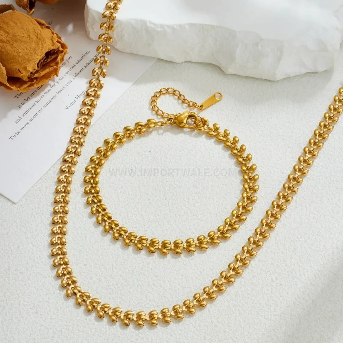 Elegant 18K Gold Plated Wheat Ear Pendant Necklace And Bracelet Set