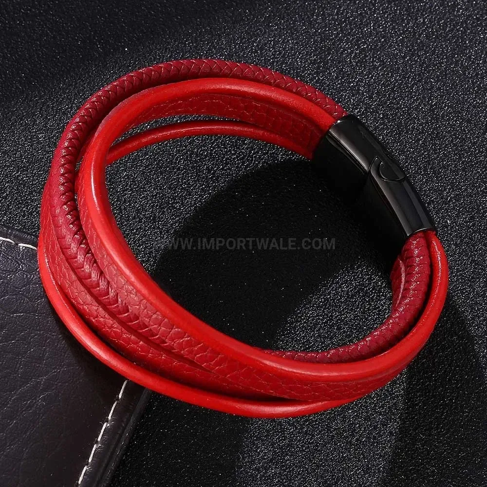 Red Woven Leather Bracelet with Stainless Steel Magnetic Clasp