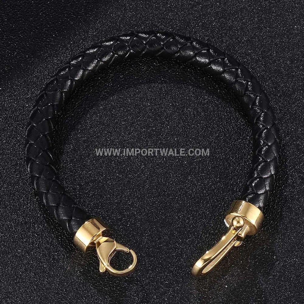Woven Leather Horseshoe Clasp Bracelet with Stainless Steel Details