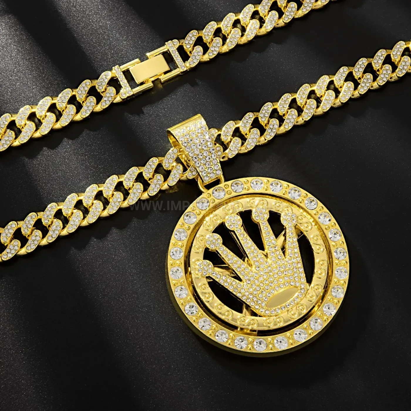 Modern Spinning Crown Motif Cuban Chain Pendant Necklace