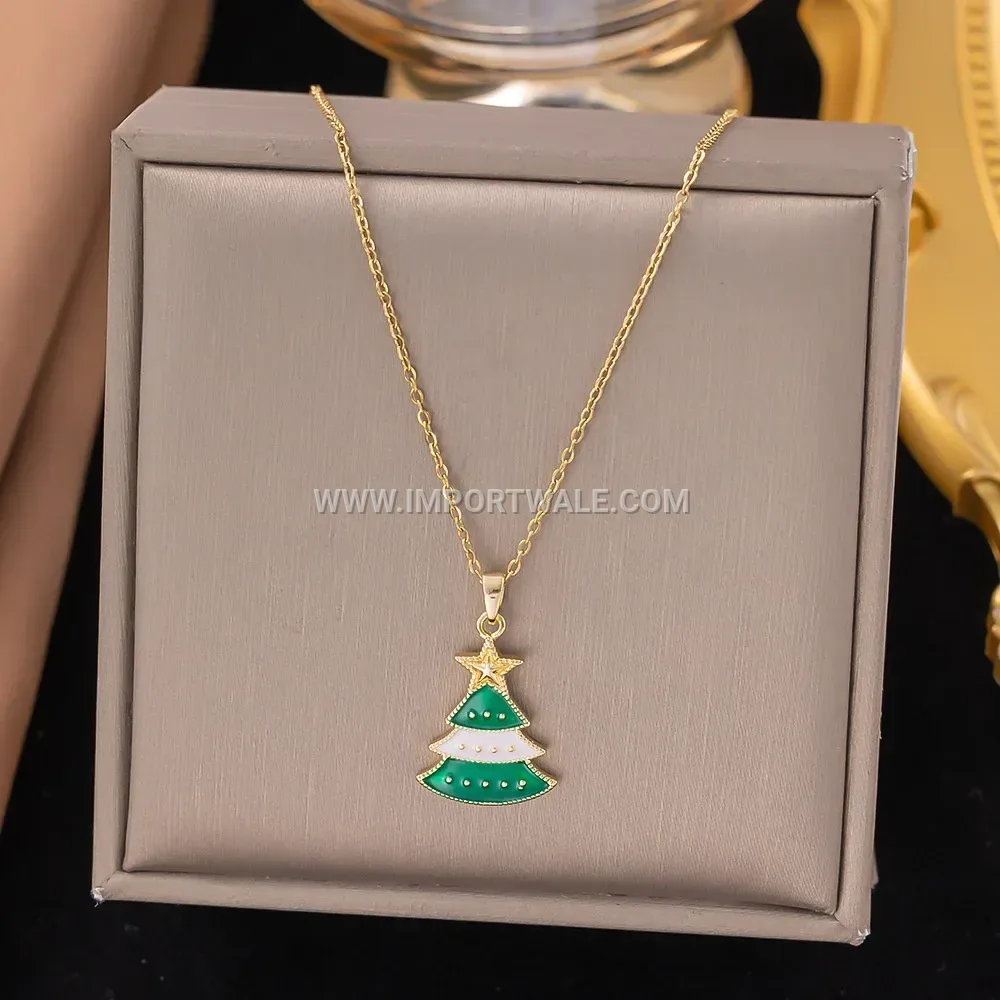 Festive Gold Plated Stainless Steel Christmas Pendant Link Chain Necklace