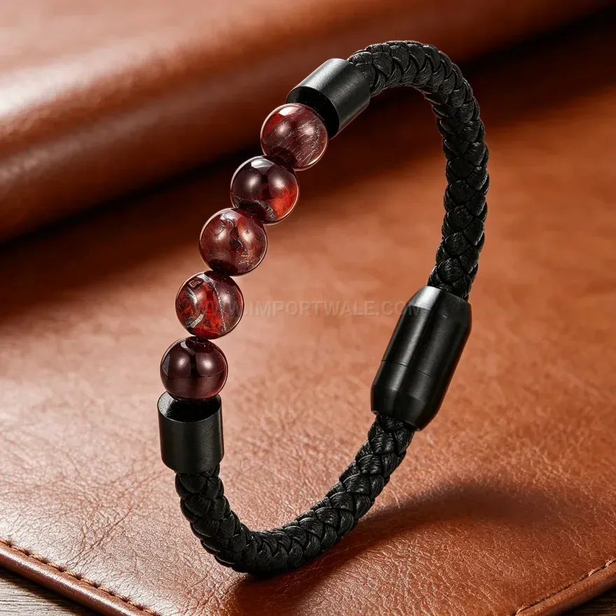 Bold Natural Volcanic Stone Braided Leather Bracelet with Magnetic Clasp