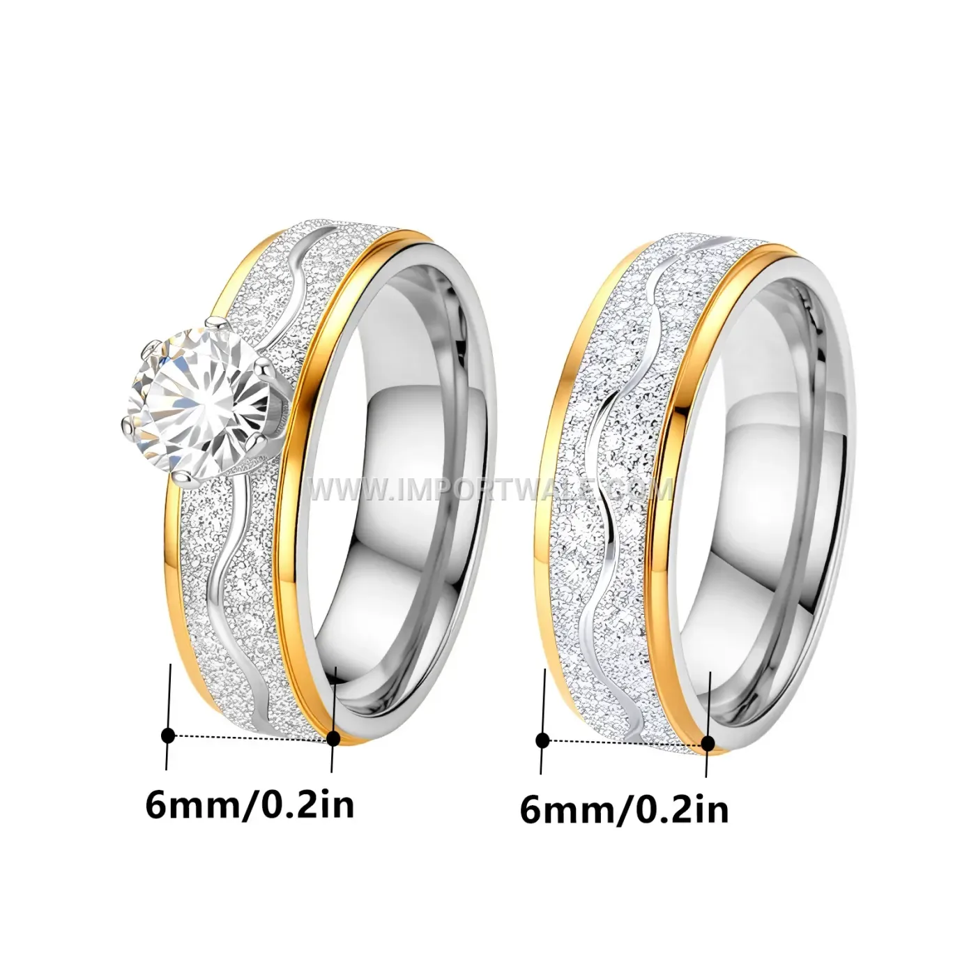 Two-Tone Frosted Stainless Steel Band Ring with Rhinestones