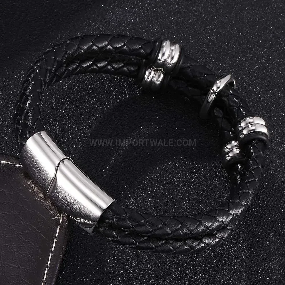 Floral Motif Electroplated Stainless Steel Braided Leather Bangle Bracelet