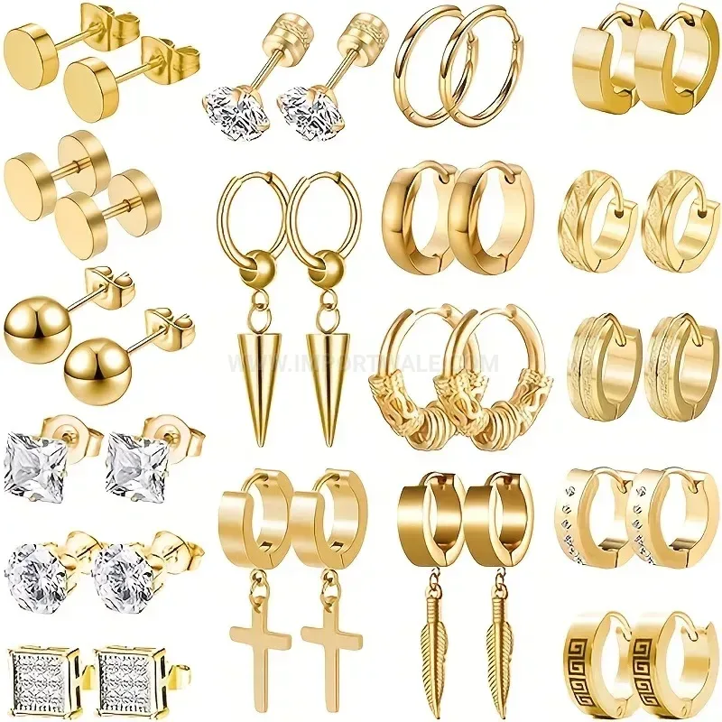 Chic Stainless Steel Cubic Zirconia Cross Huggie Hoop Earrings Set
