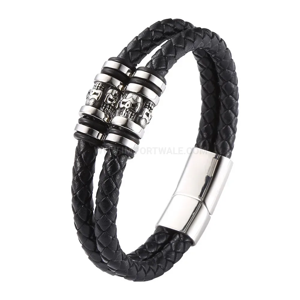 Punk Skull Multi Layer Braided Leather Stainless Steel Bracelet
