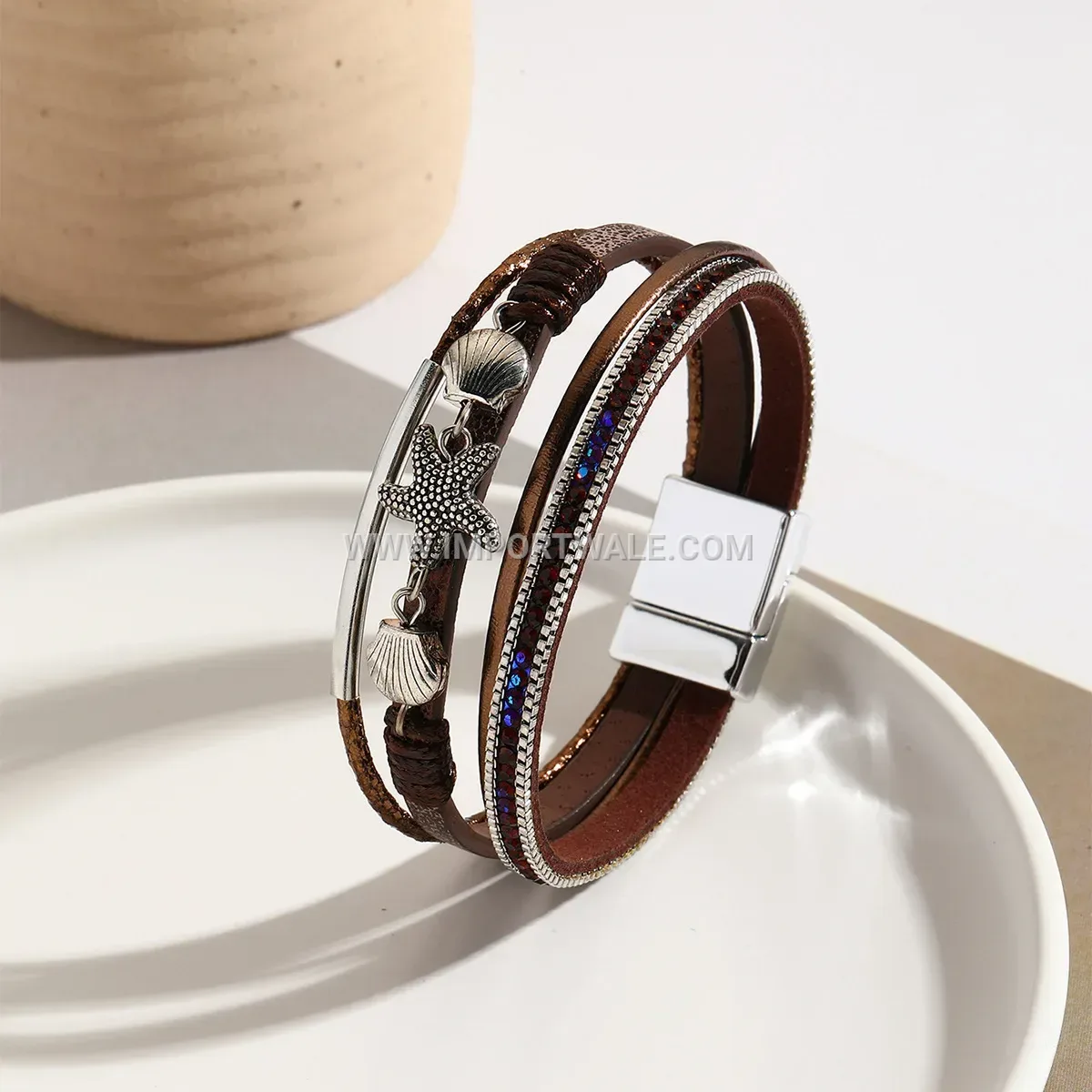 Handcrafted Starfish And Shell Woven Leather Bangle