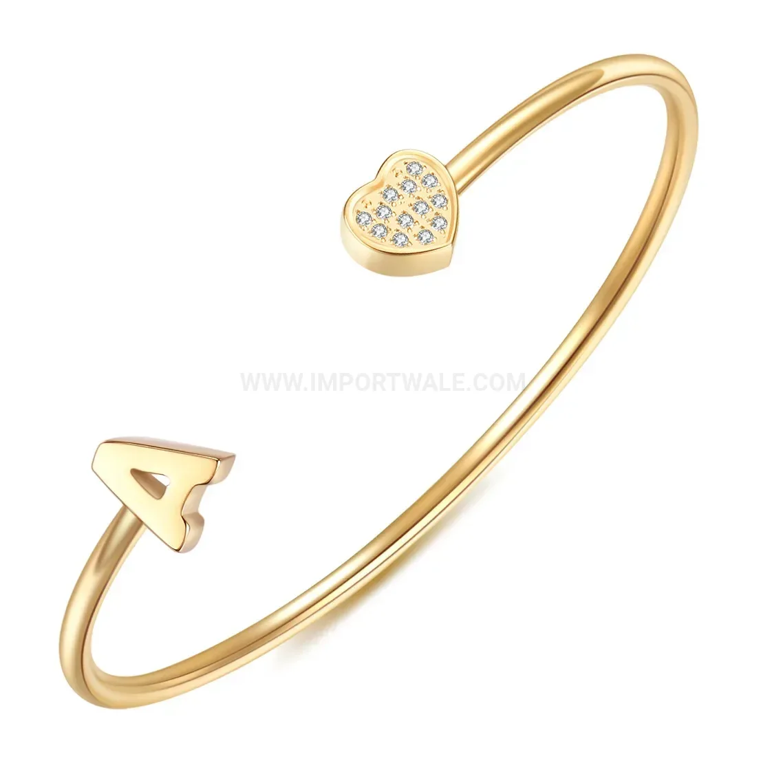 Modern Initial Letter Heart Cubic Zirconia Stainless Steel Cuff Bangle