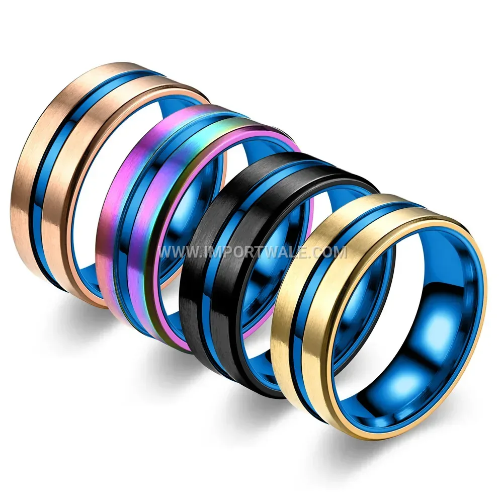 Grooved Beveled Stainless Steel Ring with Blue Accent