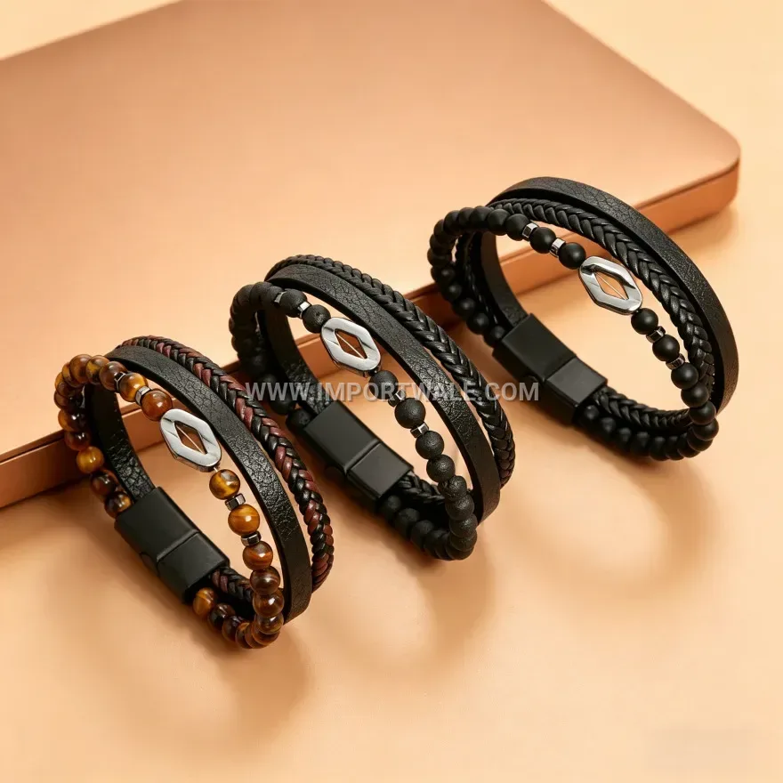 Natural Stone Bead Braided PU Leather Magnetic Bracelet