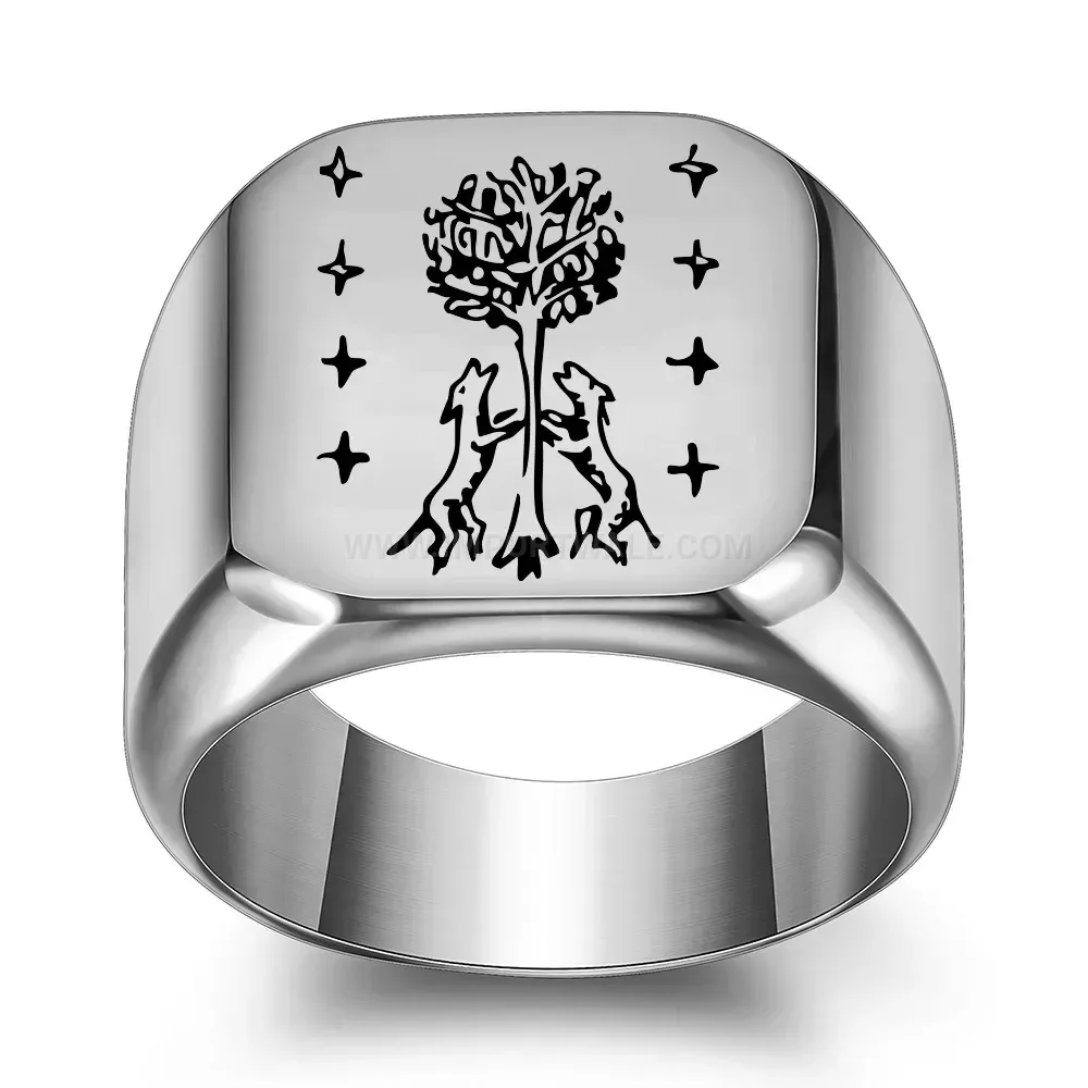 Trendy Wide Square Stainless Steel Engraved Nature Motif Ring