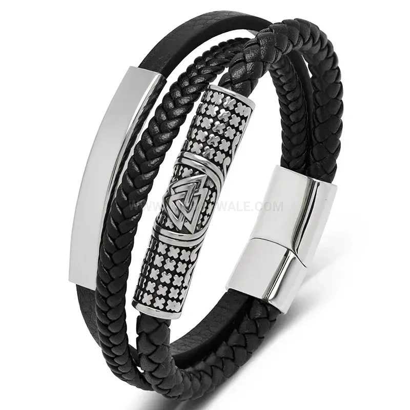Designer Woven Microfiber Leather Stainless Steel Accent Men Wristband