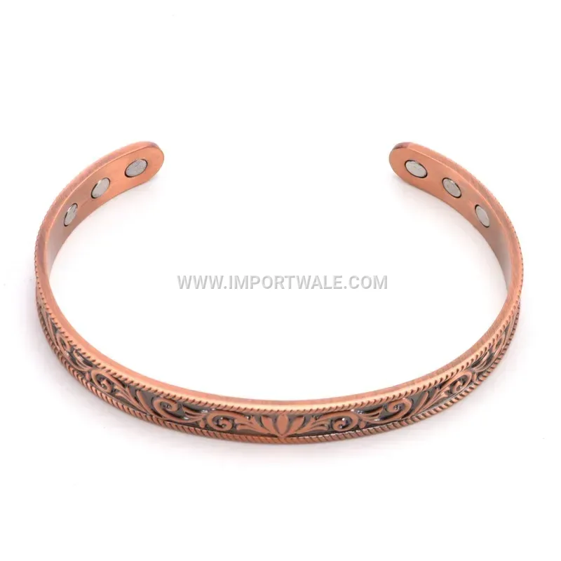 Retro Pure Red Copper Vine Textured Adjustable Magnetic Cuff Bracelet