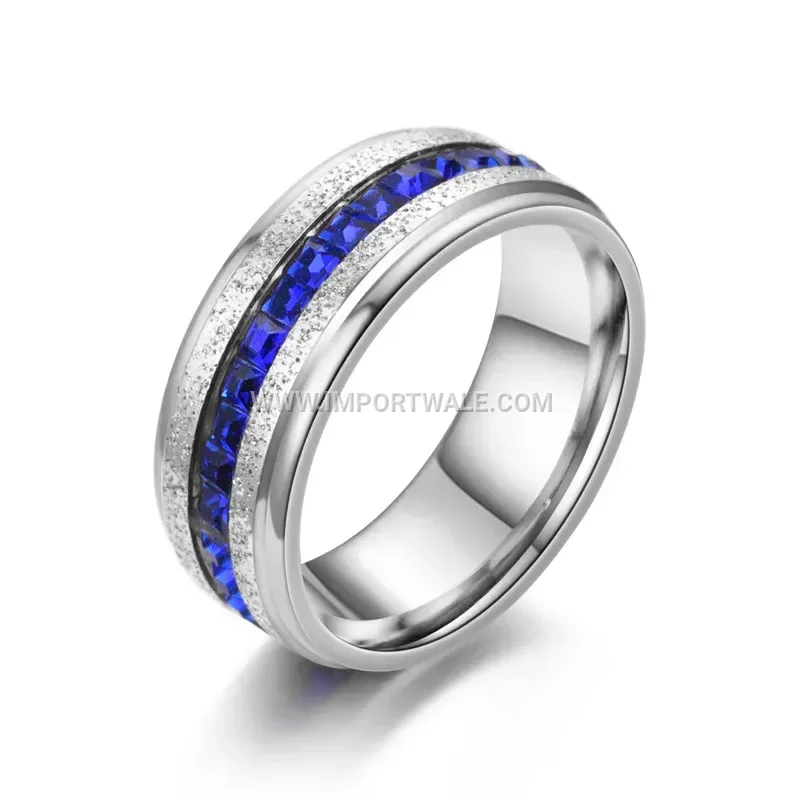 Stainless Steel Band Ring with Blue Cubic Zirconia