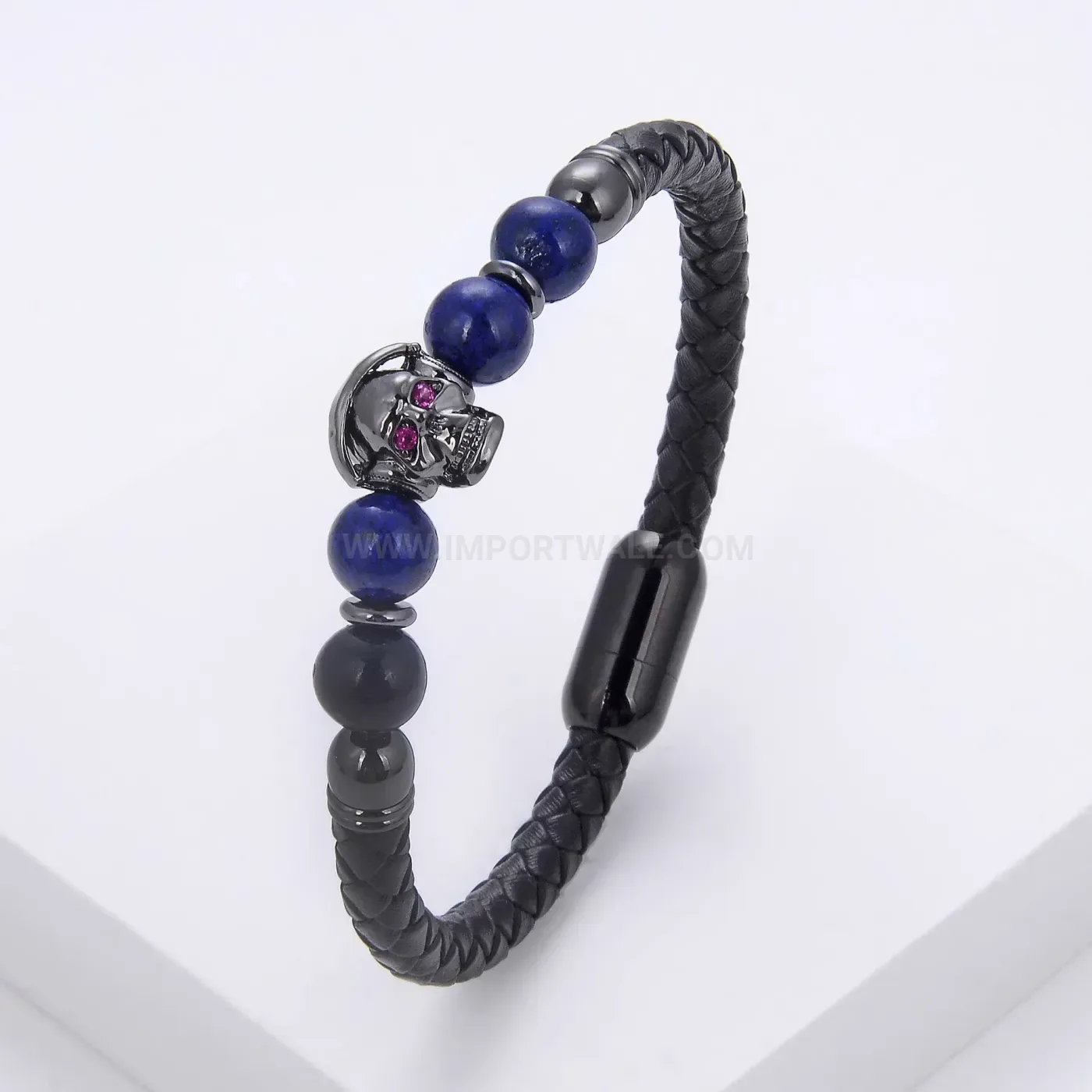 Punk Skull Stainless Steel Clasp Braided Leather Stone Bracelet