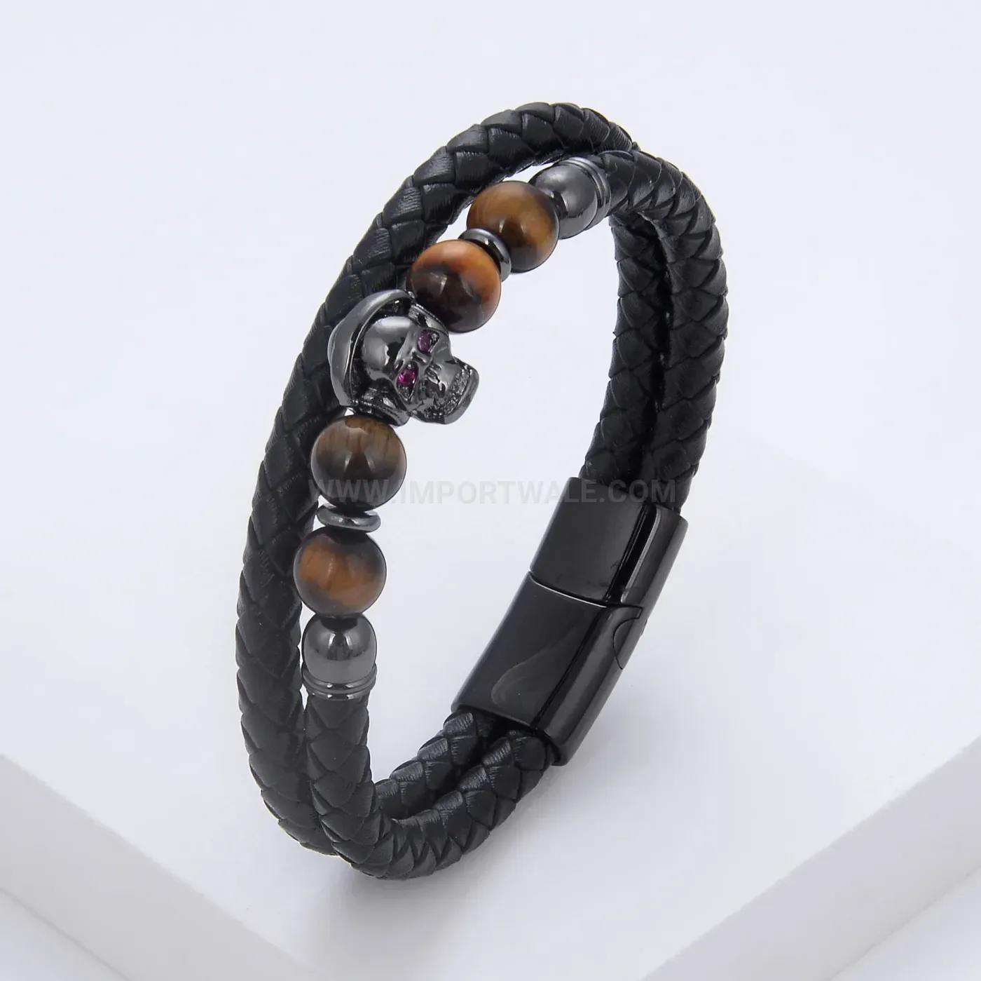 Double Layer Woven Leather Stone Bracelet with Skull Steel Clasp