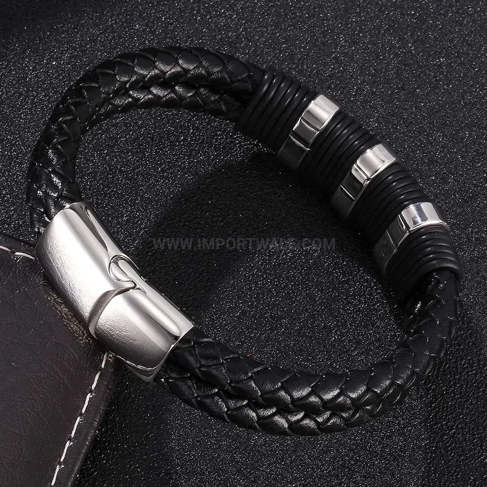 Trendy Engravable Stainless Steel Plate Black Leather Braided Couple Bracelet