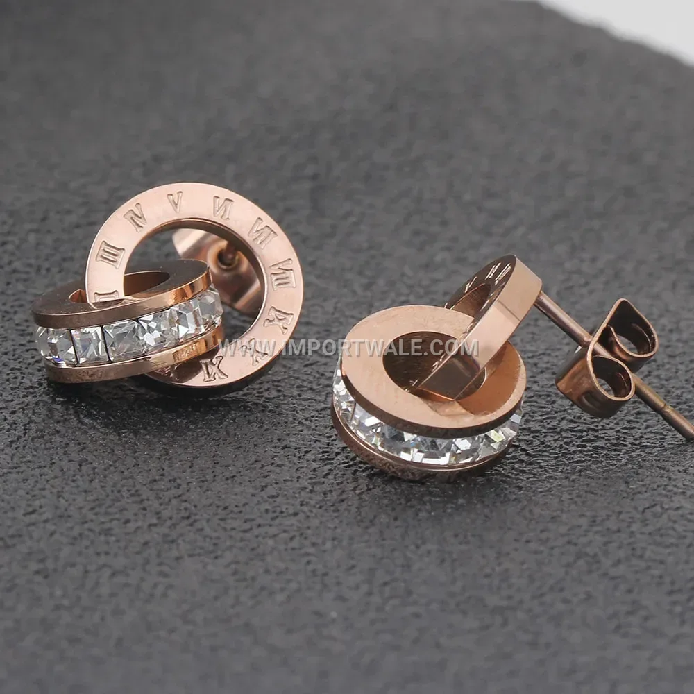 Rose Gold Stainless Steel Roman Numeral Crystal Disc Earrings