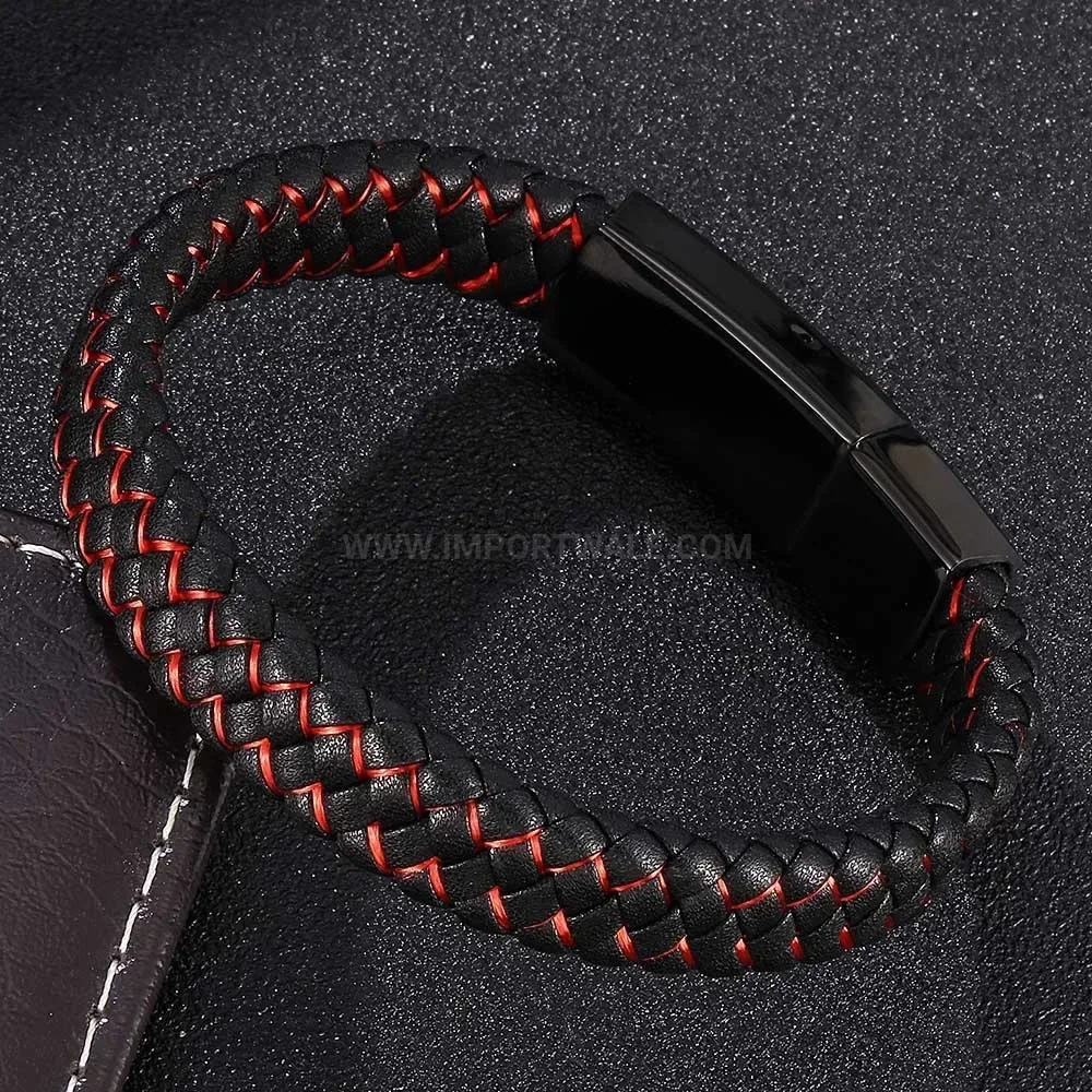 Two-Tone Leather Stainless Steel Fashion Cuff Bracelet